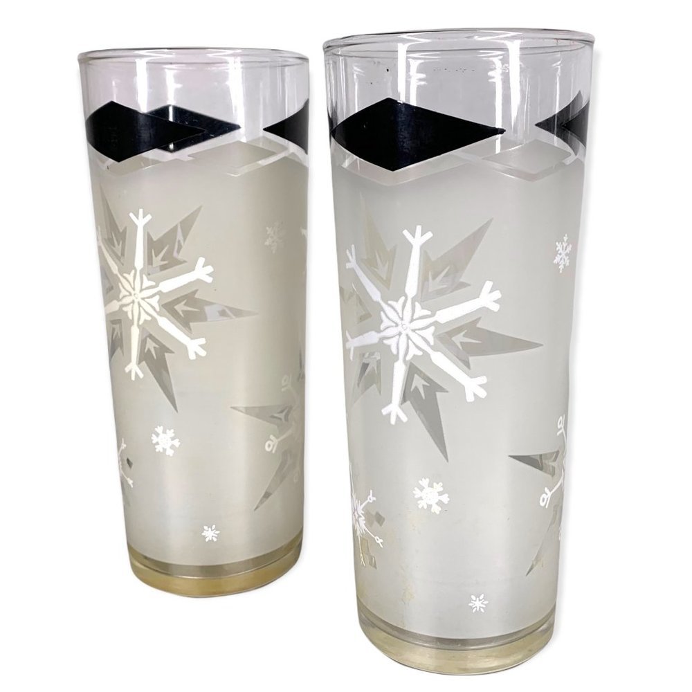 Vintage 50s Pair MCM Atomic Frosted Snowflake Drinking Glasses